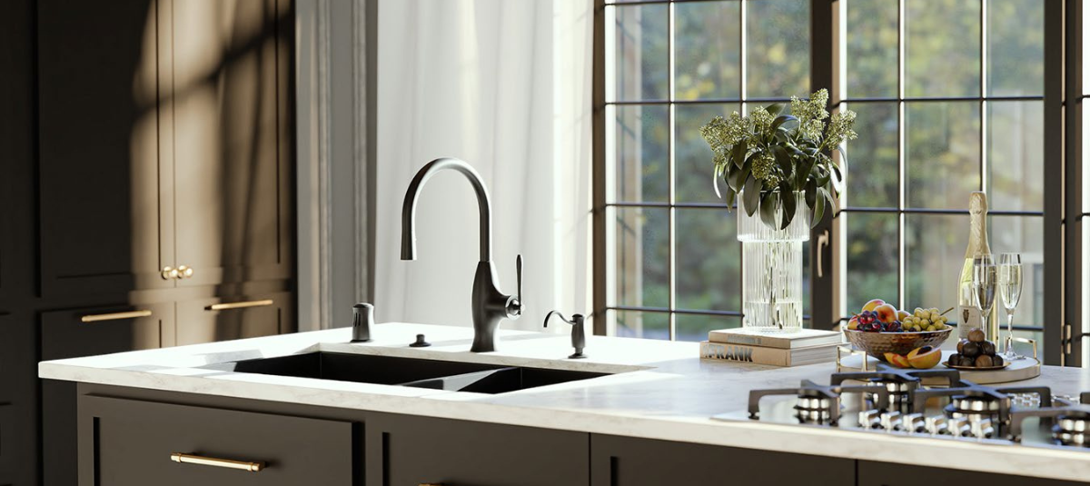 Bollero kitchen faucet from Graff on kitchen sink